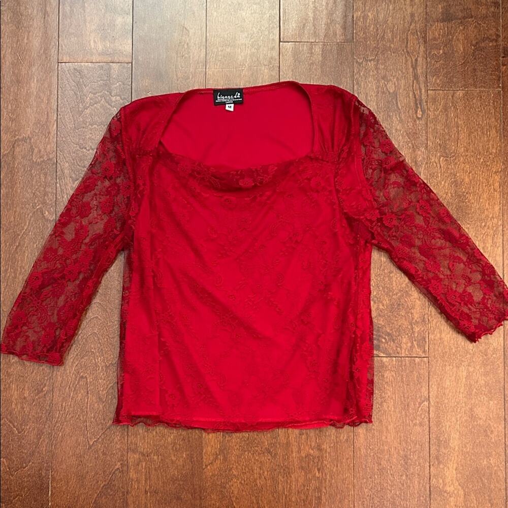 Vintage Y2K 90s Red Lace Blouse with a Slight Cowl Neckline, Size Medium